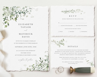 Sage Greenery Wedding Invitation Template, Minimalist Elegant Wedding Invite Set, Boho Botanical Editable RSVP, Printable Details, Instant