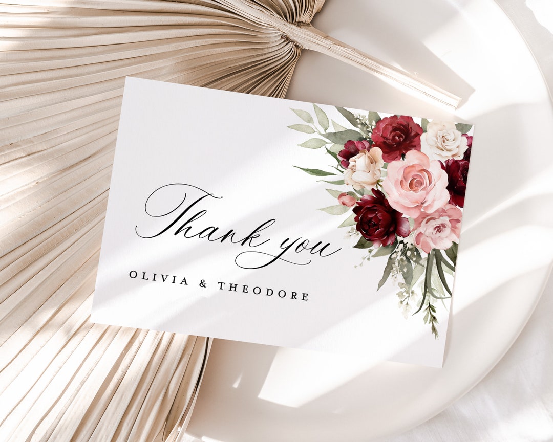 Burgundy Blush Wedding Thank You Card Template, Boho Floral Thank You ...