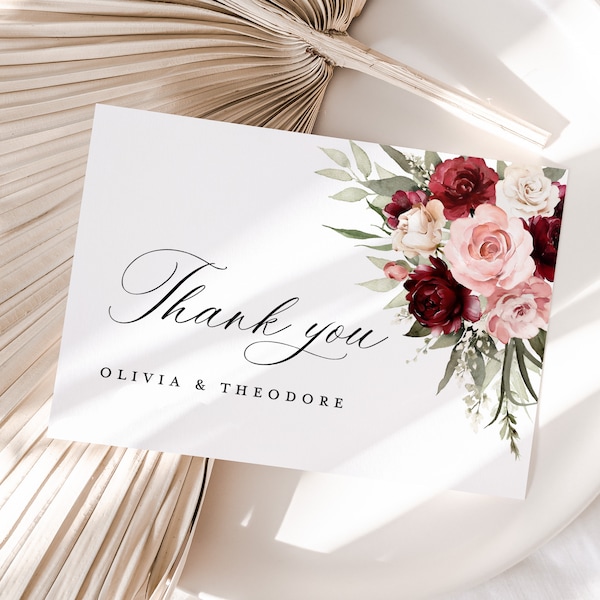 Burgundy Blush Wedding Thank You Card Template, Boho Floral Thank You Note, Sage Marsala Pink Rose Thank You Table Place Card, Download