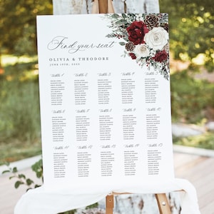 Kerst bruiloft zitplaatsen grafiek teken sjabloon, Bourgondische bloemen winter grote gast zitplaatsen grafiek teken, afdrukbare bewerkbare tafel zitplaatsen Board