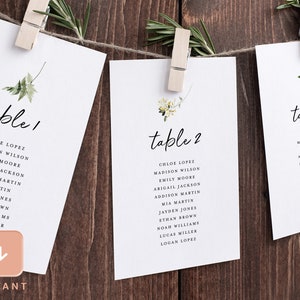 Plantilla de tarjeta de tabla de asientos de boda mínima, tablero de asientos de vegetación floral personalizado, tarjetas de lugar de mesa modernas, encuentre su asiento imprimible, Mia