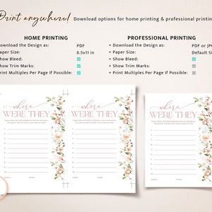 May include: Printable "Where Were They" game for a bridal shower. The game features a floral design with pink and peach flowers. The game is designed to be printed on 8.5x11 inch paper.