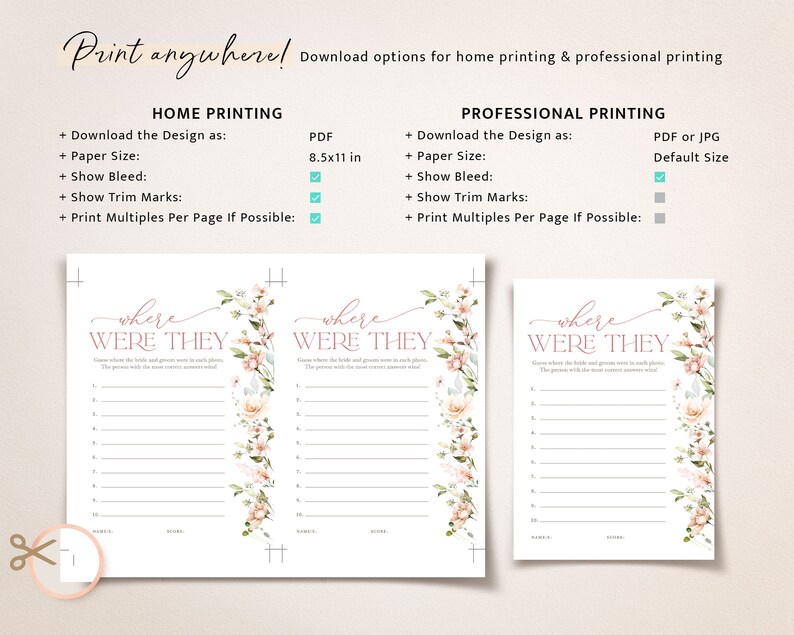 May include: Printable "Where Were They" game for a bridal shower. The game features a floral design with pink and peach flowers. The game is designed to be printed on 8.5x11 inch paper.