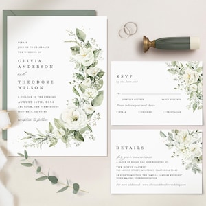 White Floral Wedding Invitation Template, Sage Green Boho Wedding Invitation Suite, Elegant Greenery Flower Minimal Printable Invite Set image 1