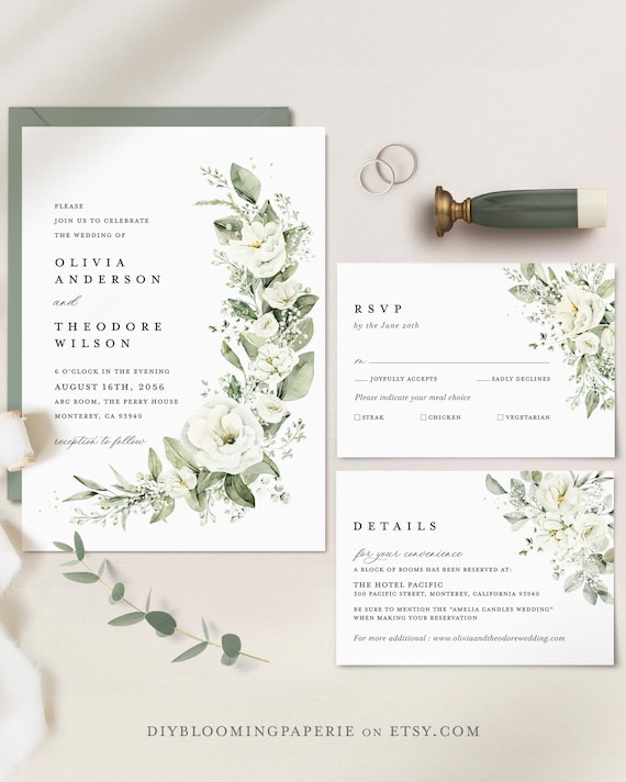 White Floral Wedding Invitation Template, Sage Green Boho Wedding Invitation Suite, Elegant Greenery Flower Minimal Printable Invite Set