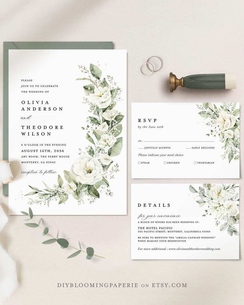 White Floral Wedding Invitation Template, Sage Green Boho Wedding Invitation Suite, Elegant Greenery Flower Minimal Printable Invite Set image 1