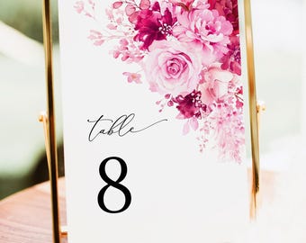 Hot Pink Bridal Shower Table Numbers Card Template, Floral Table Numbers, Elegant Magenta Fuchsia Rose Printable Table Number Cards Download