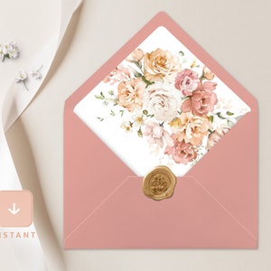 Dusty Rose Umschlag Liner Vorlage, Rosa Blush Floral A6 und A7 Euro Klappe & quadratische Klappe, druckbare DIY Boho elegante Hochzeit Umschlag Liner