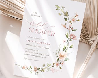 Boho Floral Bridal Shower Invitation Template, Blush Pink Minimalist Shower Invite, Printable Dusty Pale Rose Shower, Editable Invite, Leah