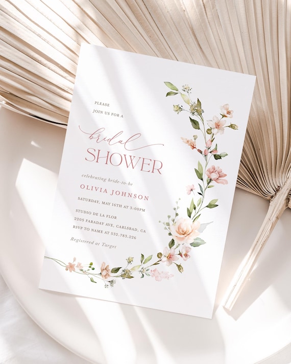 Boho Floral Bridal Shower Invitation Template, Blush Pink Minimalist Shower Invite, Printable Dusty Pale Rose Shower, Editable Invite, Leah