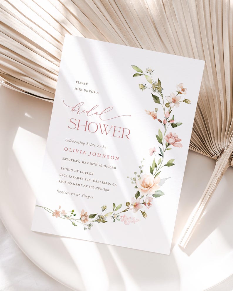 Boho Floral Bridal Shower Invitation Template, Blush Pink Minimalist Shower Invite, Printable Dusty Pale Rose Shower, Editable Invite, Leah image 1
