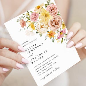 Conjunto de modelos de convites de casamento em tons pastéis coloridos, conjunto de convites de casamento florais em rosa e amarelo, detalhes do jardim de primavera em tom boho, RSVP, download imagem 12