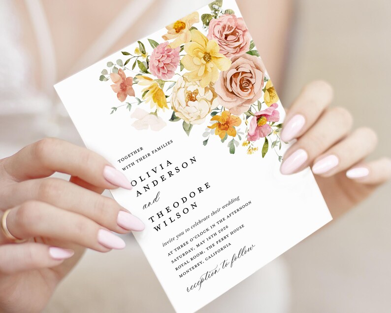 Conjunto de modelos de convites de casamento em tons pastéis coloridos, conjunto de convites de casamento florais em rosa e amarelo, detalhes do jardim de primavera em tom boho, RSVP, download imagem 12