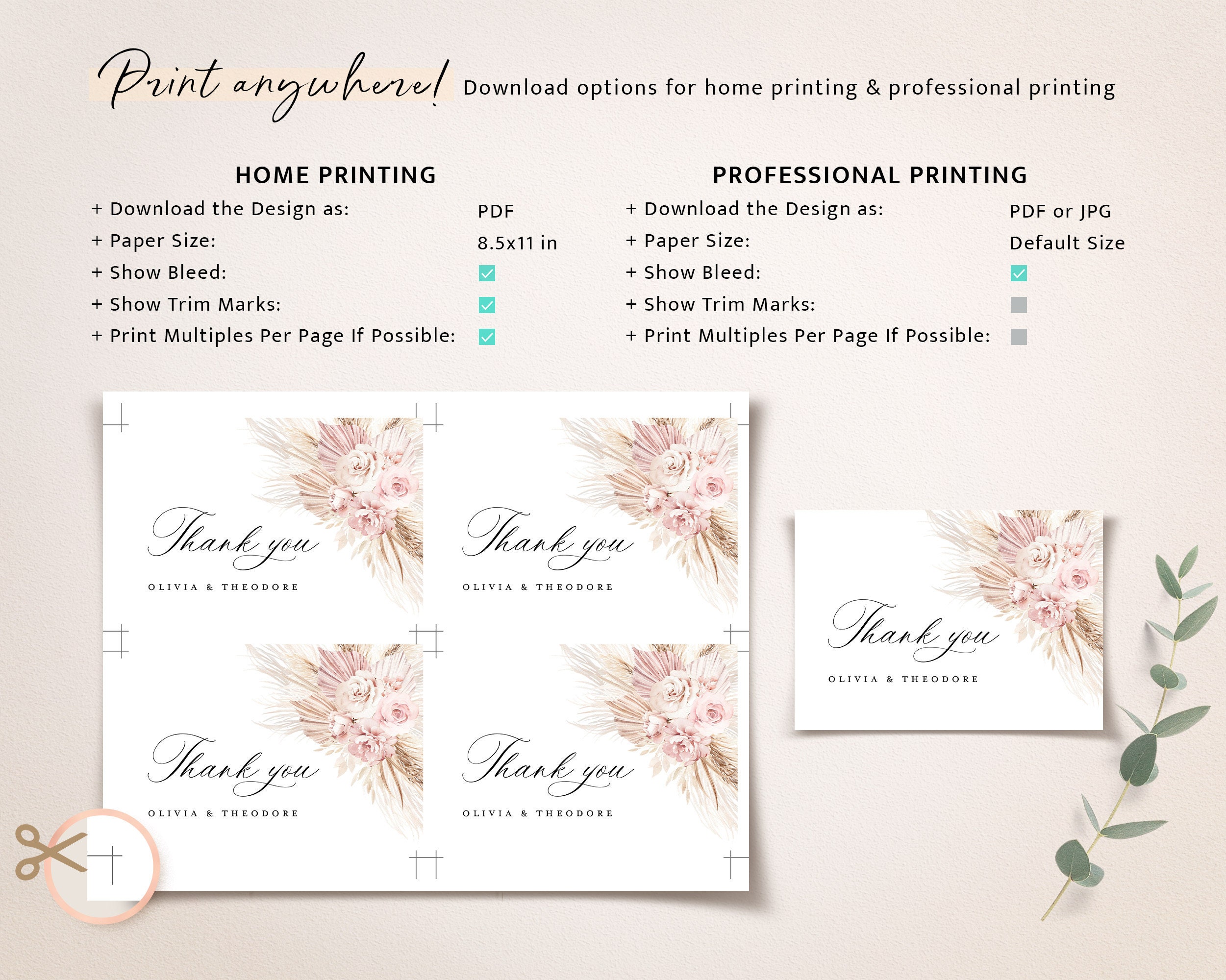 Blush Pink Wedding Thank You Card Template, Boho Floral Thank You Note ...