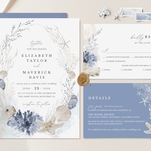 Boho Beach Wedding Invitation Template Set, Ocean Blue Wedding Invite Suite, Nautical Wedding, Sea Shell Destination Details, RSVP, Download