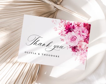 Hot Pink Wedding Thank You Card Template, Floral Elegant Thank You Note, Bright Vibrant Magenta Fuchsia Thanks Table Place Card, Download