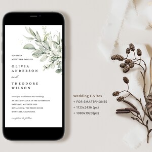 Invitación mínima electrónica, Sage Green Boho Evite, plantilla de invitación de iPhone de boda de eucalipto, invitación editable de teléfono inteligente digital, Cloe imagen 7
