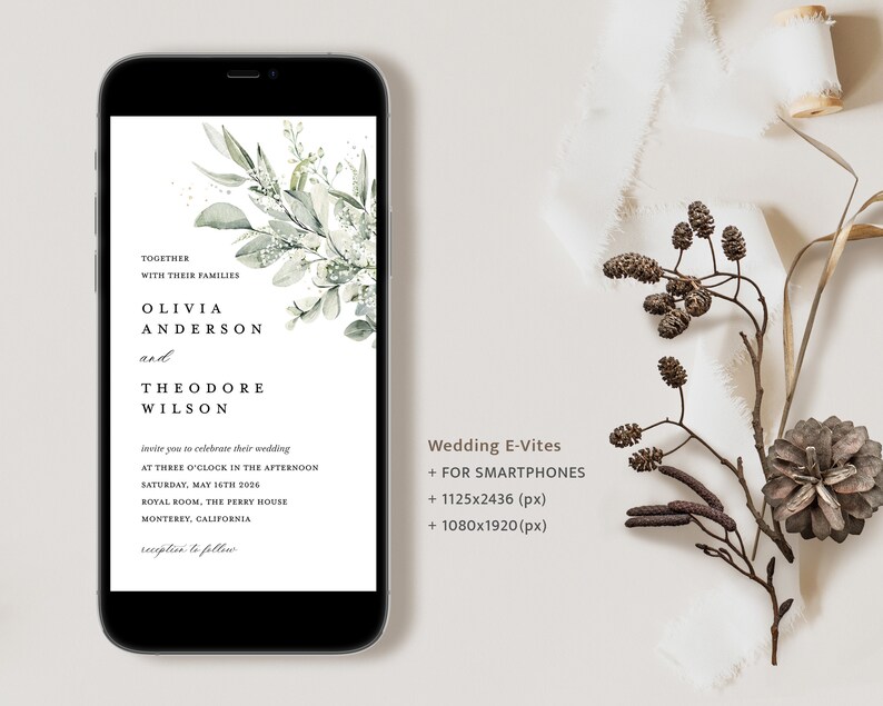 Invitación mínima electrónica, Sage Green Boho Evite, plantilla de invitación de iPhone de boda de eucalipto, invitación editable de teléfono inteligente digital, Cloe imagen 7