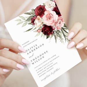 Burgundy Blush Pink Wedding Invitation Template, Boho Maroon Rose Wedding Invites, Sage Marsala Floral Invitation, Red Printable Invite