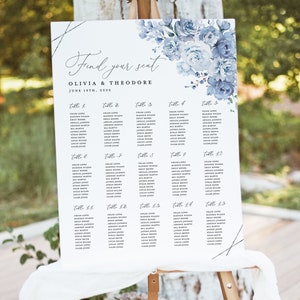 Stoffige blauwe bruiloft zitplaatsen grafiek teken sjabloon, zilveren bloemen grote gast zitplaatsen grafiek, afdrukbare Boho elegante tuintafel zitplaatsen Board