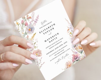 Boho Wildflower Wedding Invitation Template, Pastel Colorful Floral Wedding Invites, Garden Whimsical Blush Yellow Lilac Wedding Invitations