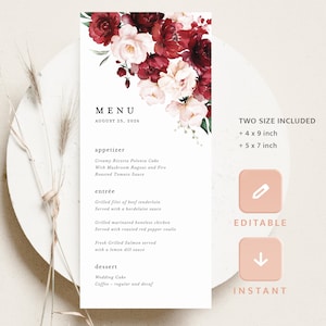 Plantilla de menú de boda de Borgoña, tarjetas de menú de recepción rosa rubor, menú de cena Boho Marsala Rose, menú floral elegante imprimible, descargar