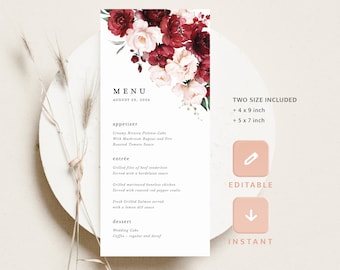 Burgundy Wedding Menu Template, Blush Pink Reception Menu Cards, Boho Marsala Rose Dinner Menu, Printable Elegant Floral Menu, Download