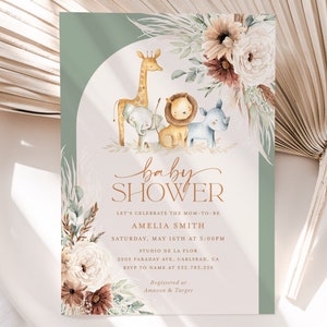 Boho Safari Baby Shower Invitation Template, Jungle Animal Oh Baby Invites, Sage Beige Arch Printable Editable Invitations, Instant Download
