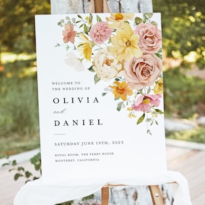 Plantilla de signo de bienvenida de boda pastel colorido, signo amarillo rosa floral, señalización de decoración de recepción de jardín de primavera Boho Blush imprimible, descargar