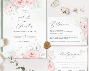 Blush Pink Wedding Invitation Template, Floral Greenery Wedding Invite Set, Boho Sage Blush Rose Details Card, Printable Elegant RSVP