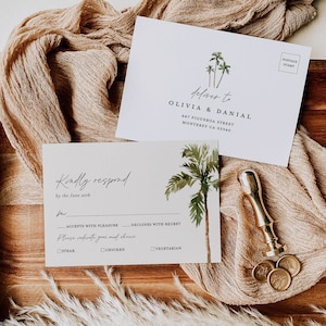 Palm Tree Wedding Invitation Template Set, Destination Beach Tropical Wedding Invite Suite, Boho Sage Details Card, Printable RSVP, Download image 4