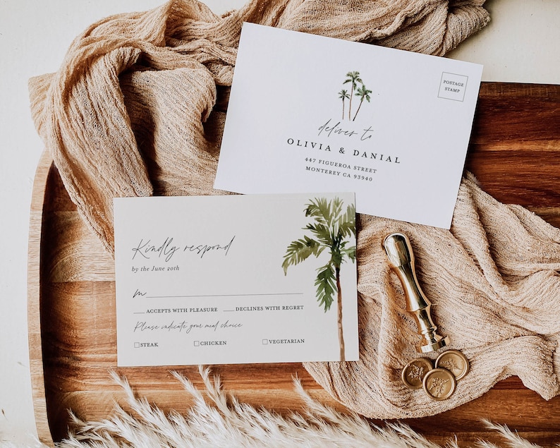 Palm Tree Wedding Invitation Template Set, Destination Beach Tropical Wedding Invite Suite, Boho Sage Details Card, Printable RSVP, Download image 4