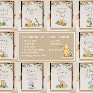 May include: Ten printable Winnie the Pooh themed baby shower signs with a gold frame. The signs include: "Babies are sweet", "Mimosas Bar", "Guest Book", "Cards and Gifts", "A Little Yummy for Your Tummy", "Drinks", "Books for Baby", "Diaper Raffle", "Favors", and "Photo Booth".