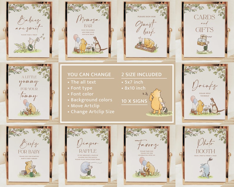 May include: Ten printable Winnie the Pooh themed baby shower signs with a gold frame. The signs include: "Babies are sweet", "Mimosas Bar", "Guest Book", "Cards and Gifts", "A Little Yummy for Your Tummy", "Drinks", "Books for Baby", "Diaper Raffle", "Favors", and "Photo Booth".