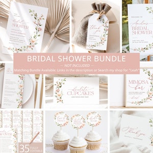 May include: A printable bridal shower bundle with a floral theme. The bundle includes a welcome sign, a menu, a mimosa bar sign, cupcake toppers, a thank you card, and a favor tag. The design features pink and green watercolor flowers.