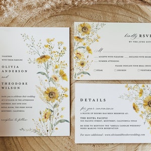 Sonnenblume Hochzeitseinladung Vorlage Set, Boho Wildblumen Hochzeit Einladung Set, Salbei Gelb Florale Details Karte, druckbare Antwortkarte, Download