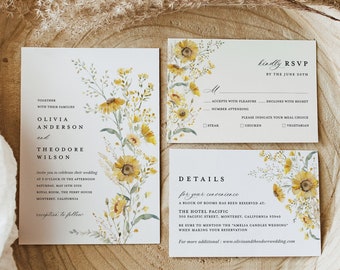 Sonnenblume Hochzeitseinladung Vorlage Set, Boho Wildblumen Hochzeit Einladung Set, Salbei Gelb Florale Details Karte, druckbare Antwortkarte, Download