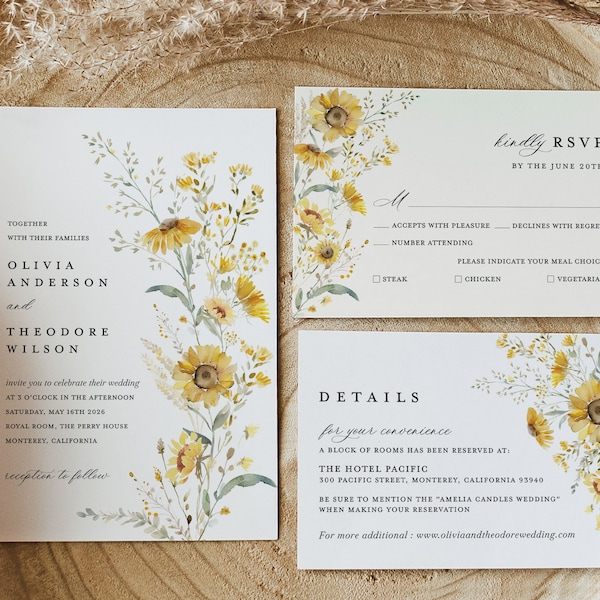 Ensemble de modèles de faire-part de mariage tournesol, suite d'invitations mariage fleurs sauvages Boho, carte détails floraux jaune sauge, RSVP imprimable, téléchargement