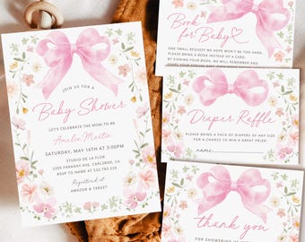 Plantilla de invitación para baby shower con lazo rosa, paquete floral para baby shower de niña, invitaciones imprimibles y editables con cinta rosa rubor, descarga