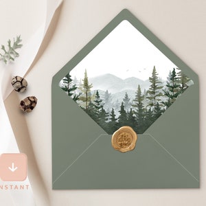 Mountain Envelope Liner, Woodland Forest Pine A6 and A7 Euro flap & Square Flap Template, Printable Rustic Sage Wedding Envelope Liner