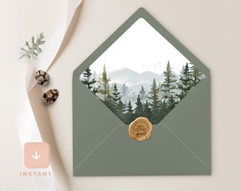 Mountain Envelope Liner, Woodland Forest Pine A6 and A7 Euro flap & Square Flap Template, Printable Rustic Sage Wedding Envelope Liner