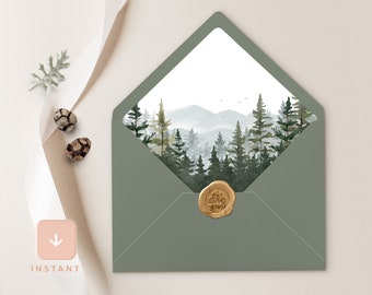 Bergenvelop Liner, Woodland Forest Pine A6 en A7 Euro flap & Square Flap Template, Afdrukbare Rustieke Salie Bruiloft Envelop Liner