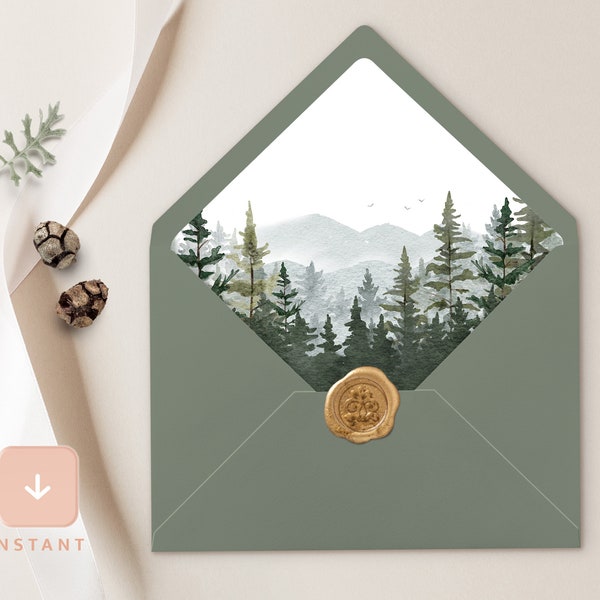 Mountain Envelope Liner, Woodland Forest Pine A6 and A7 Euro flap & Square Flap Template, Printable Rustic Sage Wedding Envelope Liner