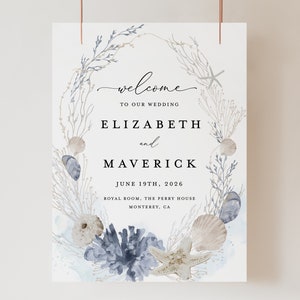 May include: A wedding welcome sign with a watercolor wreath of seashells, starfish, and seaweed. The sign reads "Welcome to our wedding, Elizabeth and Maverick, June 19th, 2026, Royal Room, The Perry House, Monterey, CA."