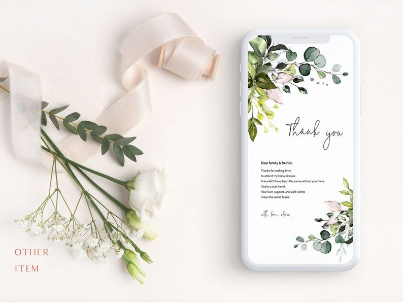 Baby Shower Wedding Instant Download Editable Electronic Thank You Note Mobile Card Dusty Blue Greenery Rustic Bridal Shower