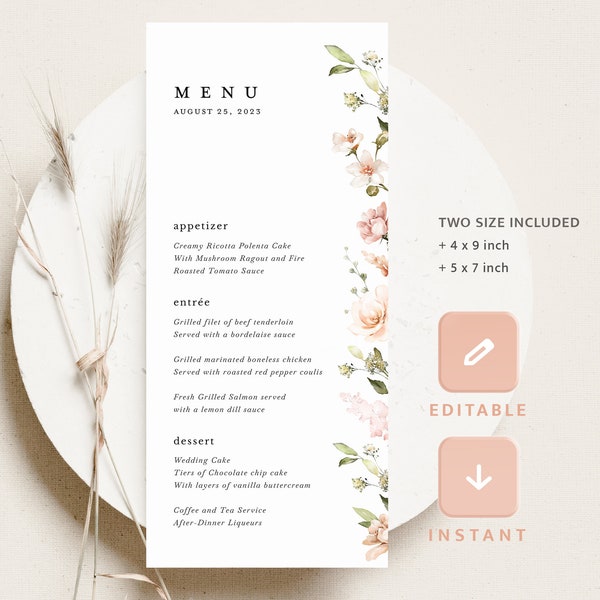 Modèle de menu de mariage rose blush, cartes de menu de réception florales bohèmes, menu du dîner élégant sauge blush rose, menu imprimable rose poudré, Leah