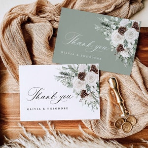 Winter Salbei Grün Hochzeit Dankeskarte, Vorlage, Rustikale Weiße Blumen Dankeschön Note, Boho Wald Danke Tischkarte, Download