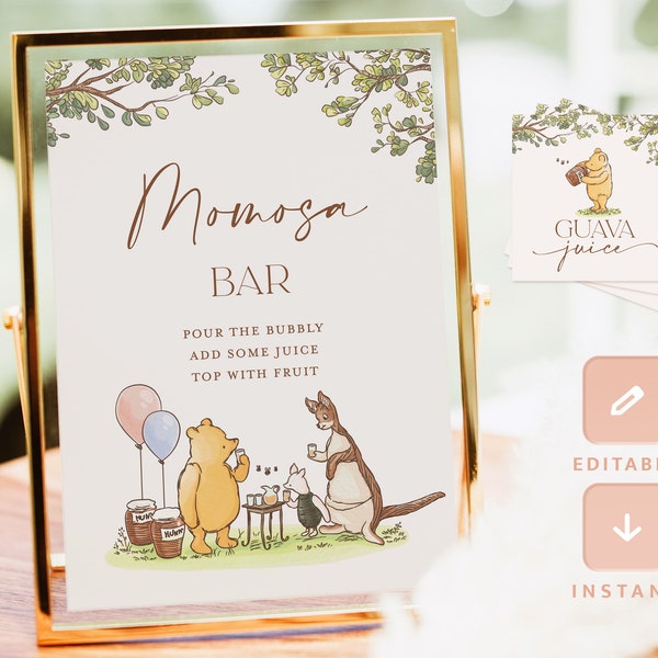 Mimosa Bar Sign, Classic Winnie The Pooh Baby Shower Sign and Juice Tag, Printable Editable Momosa Bar Sign Template, Instant Download