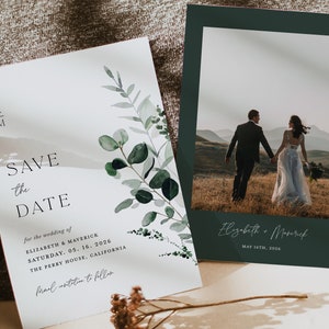 Salbei Grün Save The Date Vorlage, Minimal Foto Hochzeit Save The Dates, druckbare Rustikale Botanische Save The Date Karten, Download