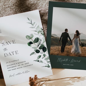 Sage Green Save The Date Template, Minimal Photo Wedding Save The Dates, Printable Greenery Rustic Botanical Save The Date Cards, Download image 1